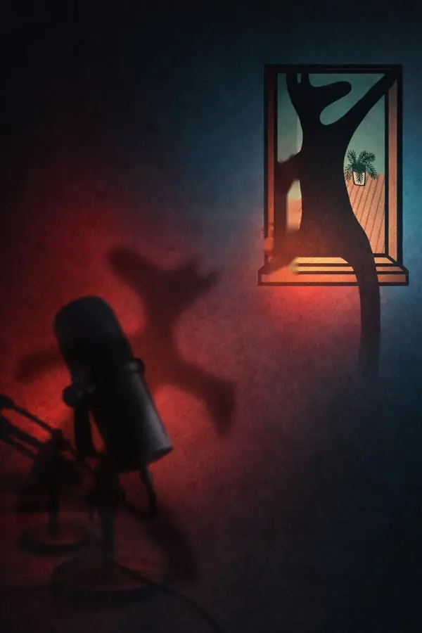 Shadow, the podcast mascot: a dark painted figure on the studio wall, beside a microphone lit in red and blue